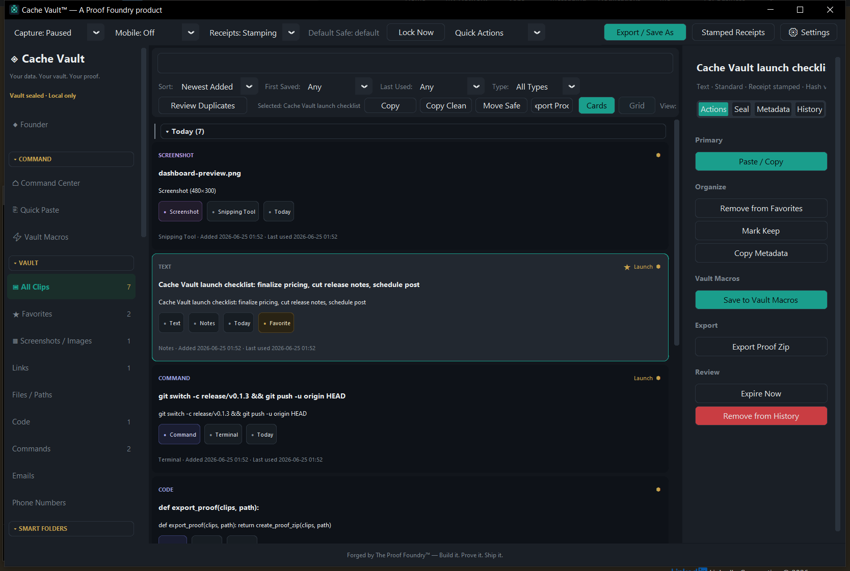 Cache Vault desktop screenshot showing the local vault list, search and filter controls, Safes sidebar, proof export action, stamped receipts access, and item metadata inspector.